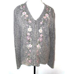 Dress Barn Silk/Nylon/Angora/Lambswool Blend Embroidered Zip-up Sweater Size S